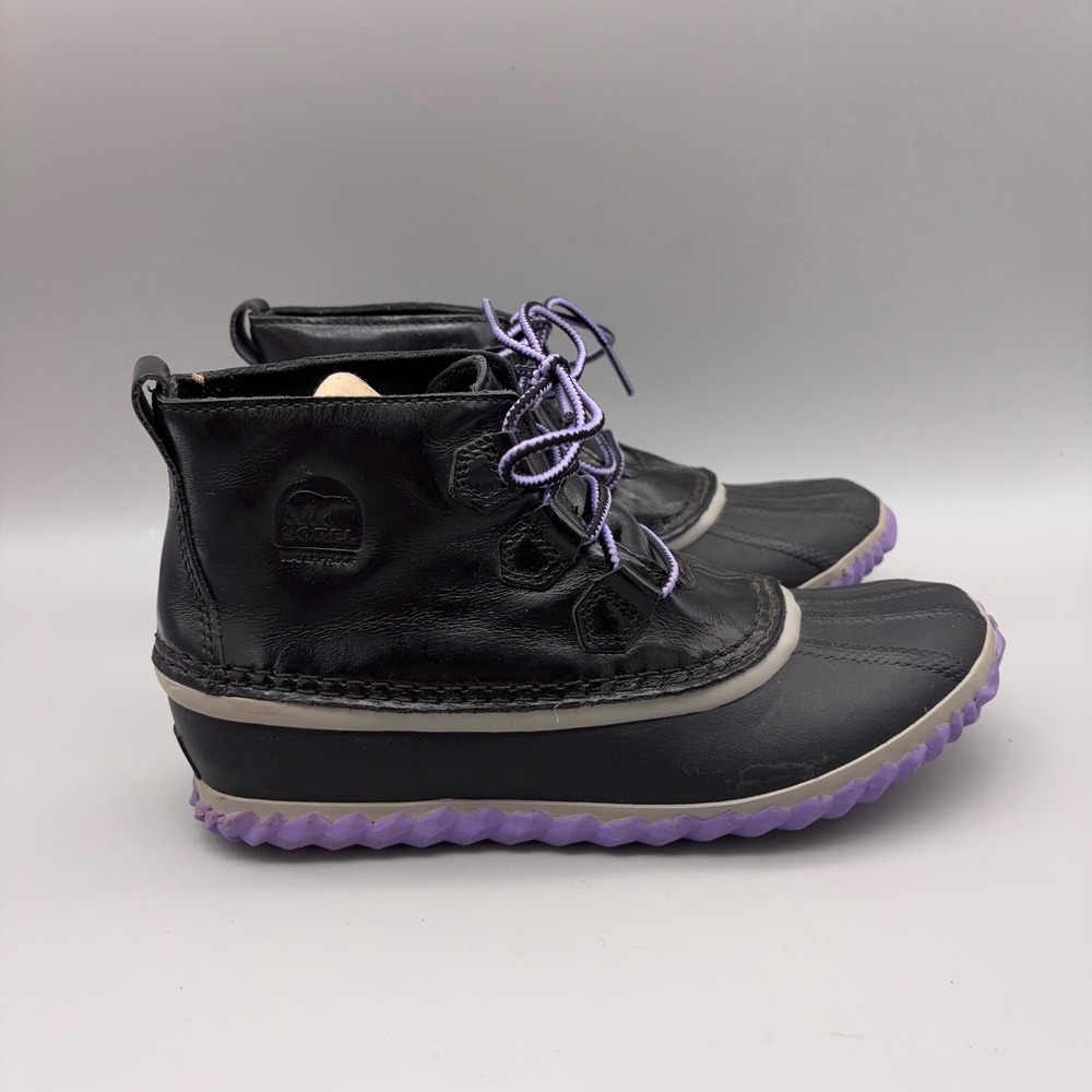Sorel Out N About Rain Boots Womens 5 Black Waterproof Leather Duck Booties - Picture 9 of 12